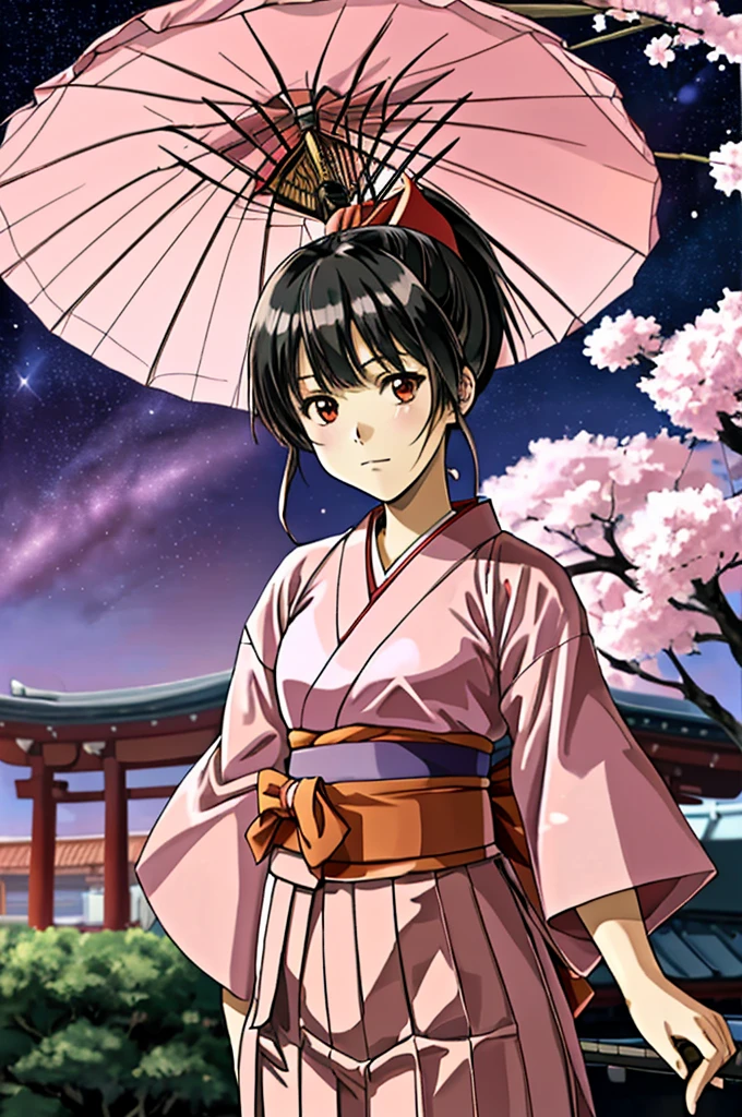 Highest quality，（anime_Sakura Shinguji），Kosuke Fujishima，（smug face）， (日Book刀)，Shrine maiden，kimono，（Starry Sky_background），Young Girl， ４K，alone, whole body，（pink_kimono），Red long skirt，Red_ribbon，Straight bangs，（Black Hair），ponytail，（５Book_refer to）, Hyper Detail