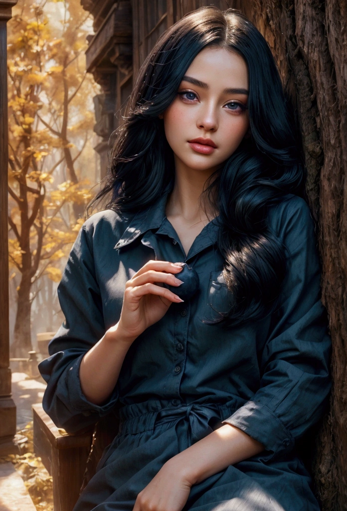 a woman with long black hair, beautiful detailed eyes, beautiful detailed lips, extremely detailed face, longeyelashes, wearing a casual blue outfit, holding a blueberry in her hand, natural lighting, realistic, photorealistic, photo-realistic:1.37, best quality,4k,8k,highres,masterpiece:1.2,ultra-detailed,vivid colors