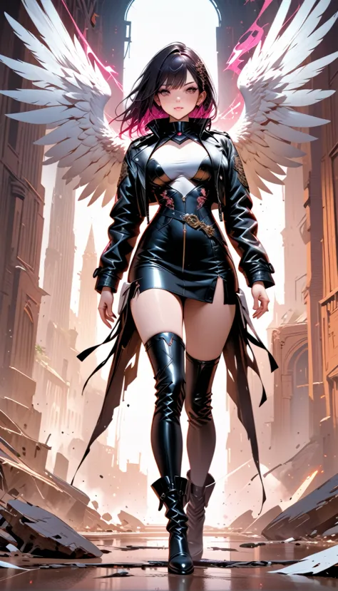 a picture of an mecha angel wearing black leather jacket, ((full body: 1.5)), exotic beautiful angel ((anatomically correct: 1.5...