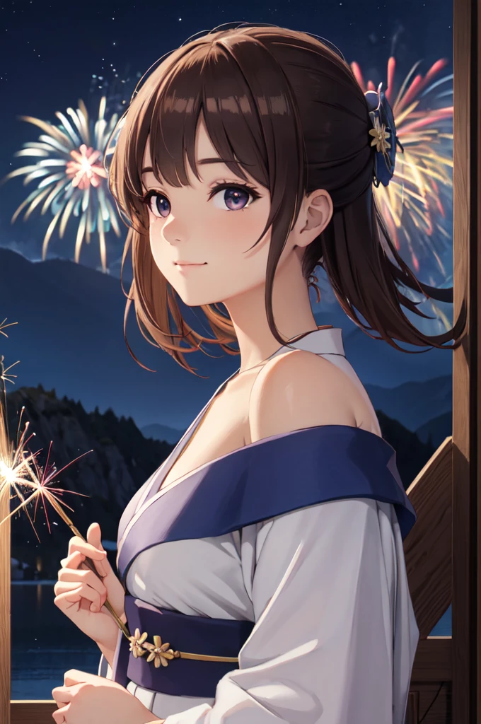 masterpiece, best quality, ultra detailed, highres, extremely detailed CG unity 8k wallpaper, perfect lighting,  very detailed background, beautiful and aesthetic,sharp focus, perfect face, dynamic pose, dynamic angle,
1girl, upper body, (portrait:1.1), multicolored yukata, kanzashi, looking at viewer,  full-face blush, from side, from below, smile,
night, dark sky, misty lake, mountainous horizon, break,aerial fireworks,  (Full of sky fireworks:1.2),
Shoulder Bare、Off the shoulder,紫の髪