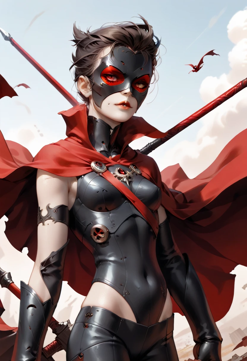 Villain, a post apocalyptic/dystopian paladin,tomboy,woman,skinny,red clothes,red cape,red mask,scarlet spear,fully masked,disfigured, reaper,inspired by the style of Caza, masterfully rendered with exceptional detail and thrilling, vivid colors, and somber lighting.