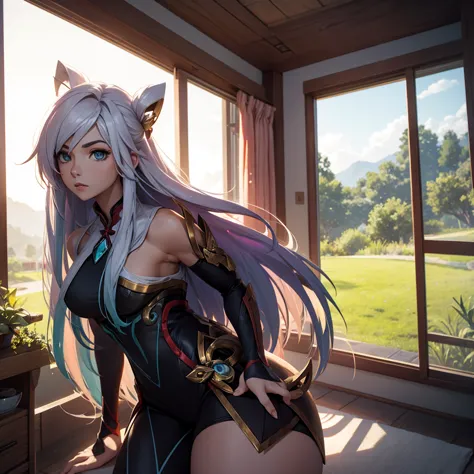 make a girl in a futuristic setting in a house in the countryside. she must look like the character irelia from league of legend...