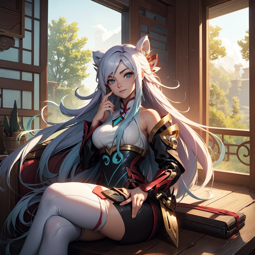 Make a girl in a futuristic setting in a house in the countryside. She must look like the character Irelia from League of Legends. She must be sitting and smiling!