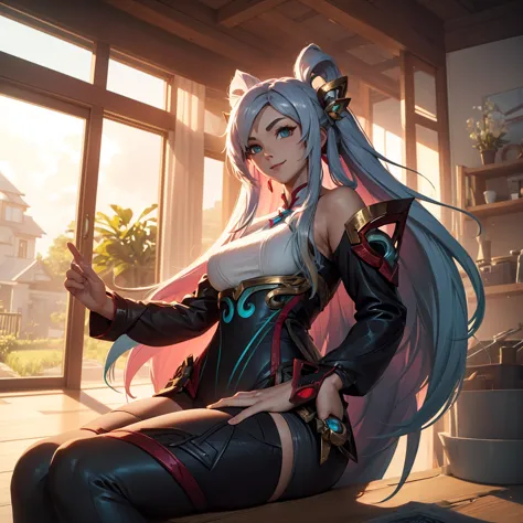 make a girl in a futuristic setting in a house in the countryside. she must look like the character irelia from league of legend...