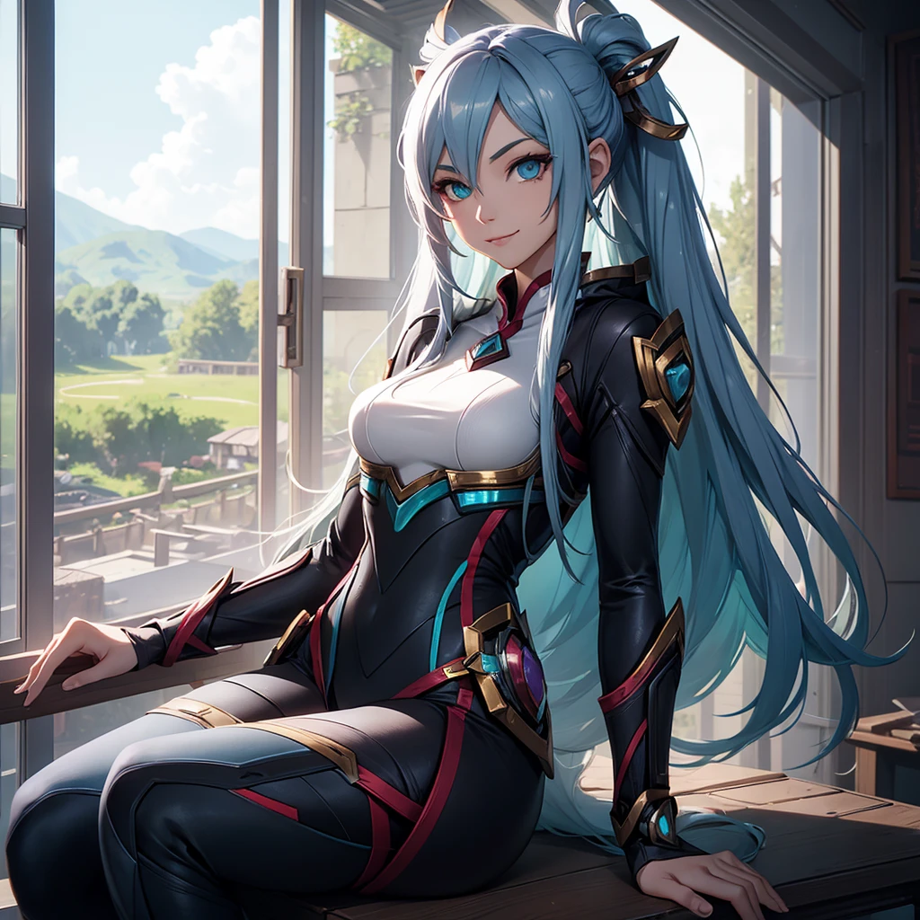 Make a girl in a futuristic setting in a house in the countryside. She must look like the character Irelia from League of Legends. She must be sitting and smiling!