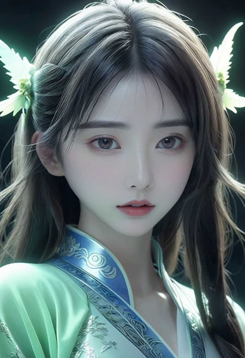 Jade fragment，luminescent，1 girl，。(best quality,4K,8K,high resolution,masterpiece:1.2), (Practical,Reality,Photo-real:1.37).，shining，Beautifully，monster，Unreal Engine 5，texture，Three-dimensional figures wearing Hanfu,Minimalism and abstract illustration, Chinese ink painting style, Chinese rice paper texture, Light penetrates the air, Fractal effect, Phosphorescent scene effects
