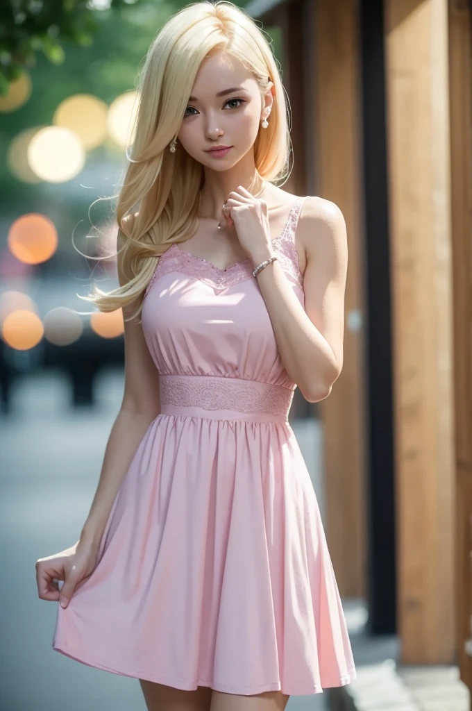 30 years old slender Mandy, blonde, pink dress, ttcolor, bokeh effect,  . 