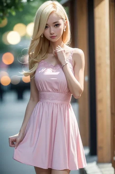 30 years old slender mandy, blonde, pink dress, ttcolor, bokeh effect,  .