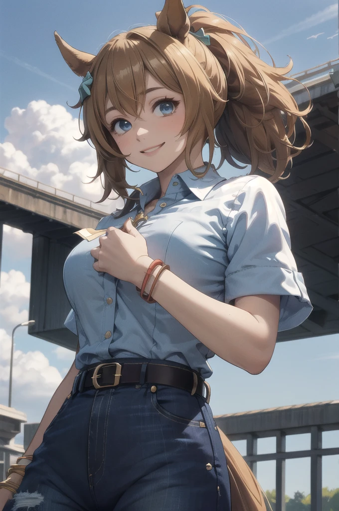 masterpiece, Highest quality, 
Taiki Shuttle \(umamusume\), Smiling faceYellow shirt, Check shirt, Collared shirt, revolver, Tea belt, jeans, jewelry, denim, bracelet, Blue pants, Collared shirt, Rolled up my sleeves,
 