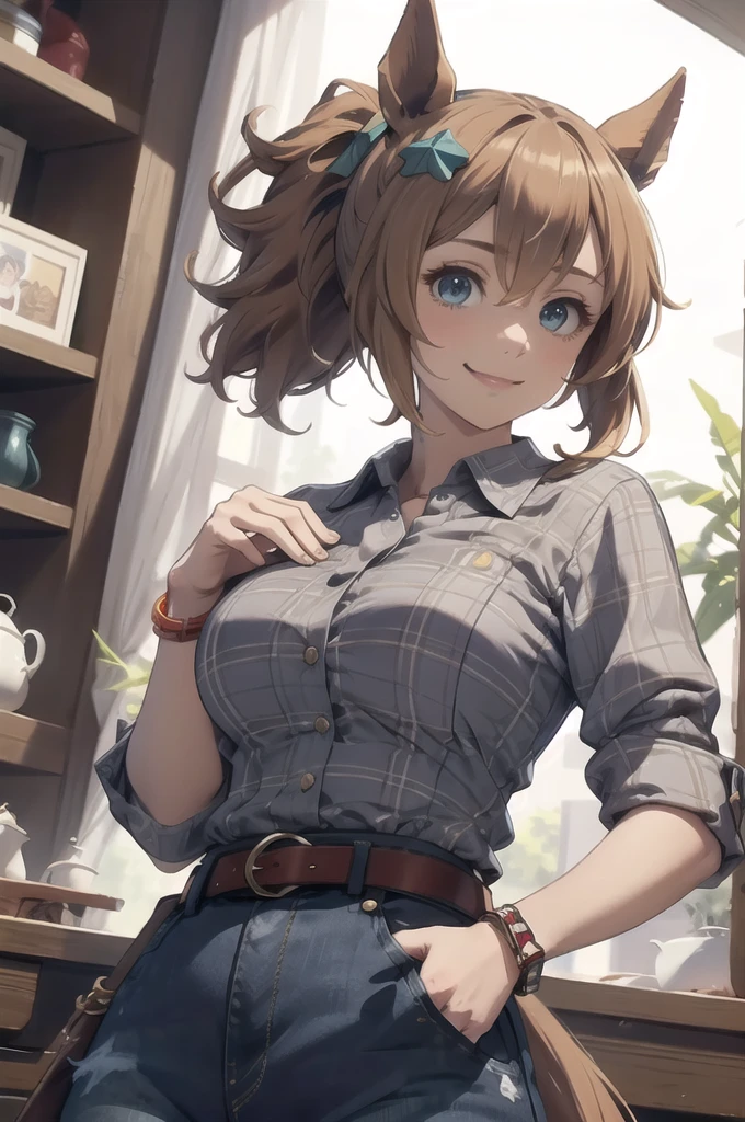 masterpiece, Highest quality, 
Taiki Shuttle \(umamusume\), Smiling faceYellow shirt, Check shirt, Collared shirt, revolver, Tea belt, jeans, jewelry, denim, bracelet, Blue pants, Collared shirt, Rolled up my sleeves,
 