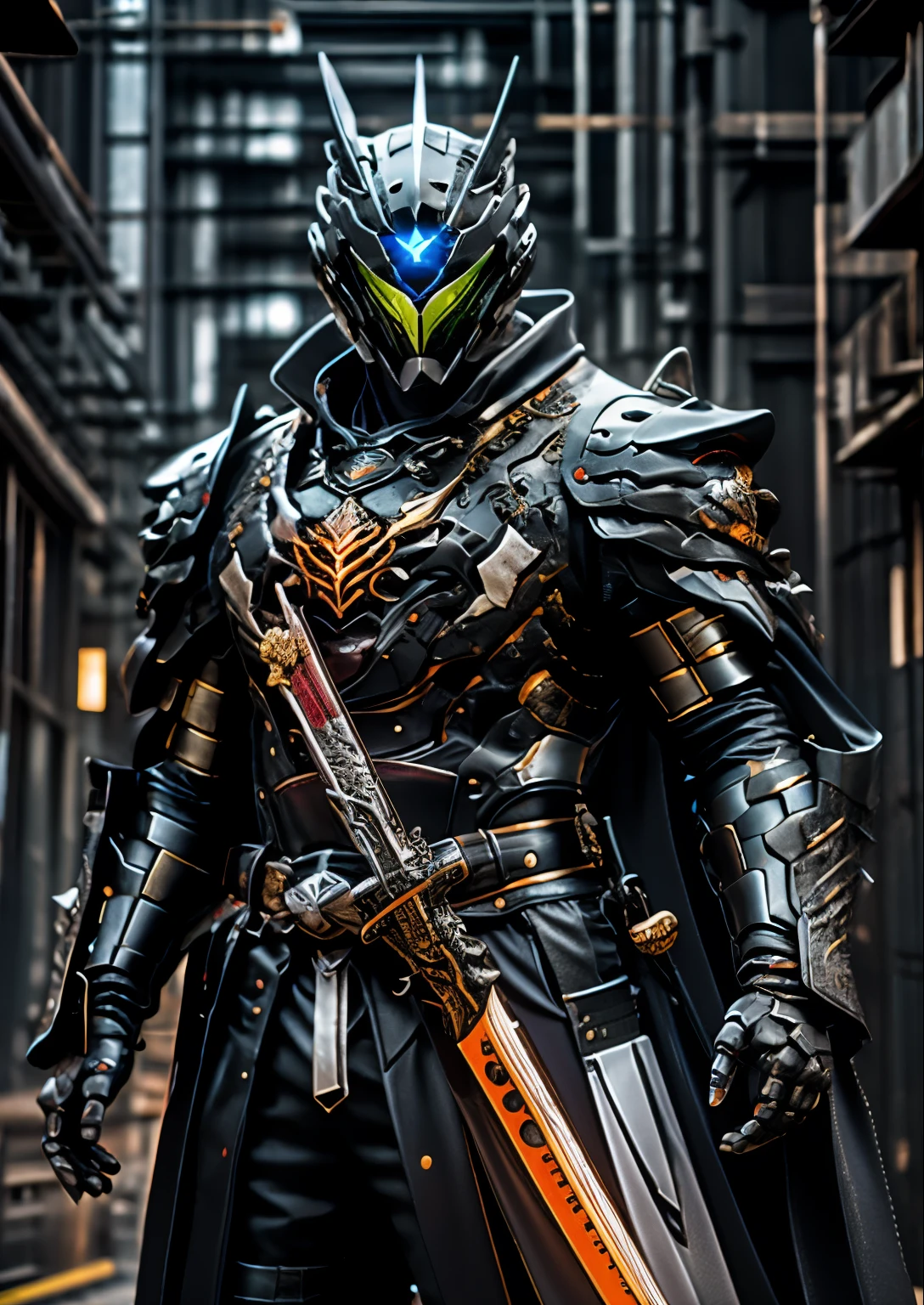 A cyberpunk samurai, 1 young boy, ((alone)), (holding an orange glowing sword), (in a high guard stance), wearing white and black armor and mask, cape, glowing beautiful blue eyes, glowing, simple black background