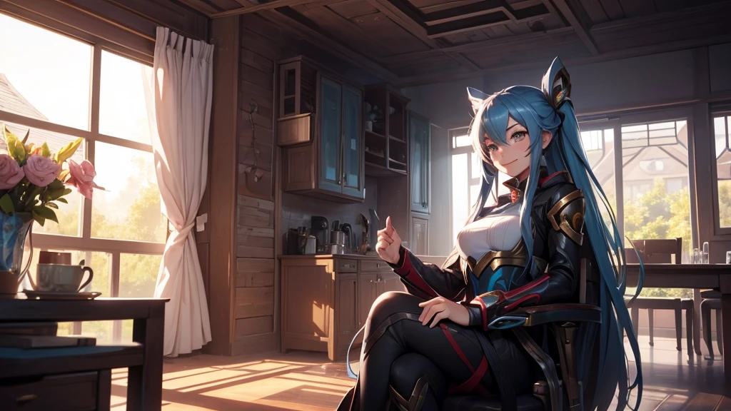 Make a girl in a futuristic setting in a house in the countryside. She must look like the character Irelia from League of Legends. She must be sitting and smiling!