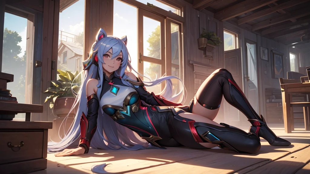 Make a girl in a futuristic setting in a house in the countryside. She must look like the character Irelia from League of Legends. She must be sitting and smiling!