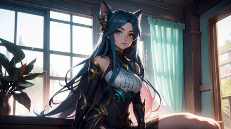 make a girl in a futuristic setting in a house in the countryside. she must look like the character irelia from league of legend...