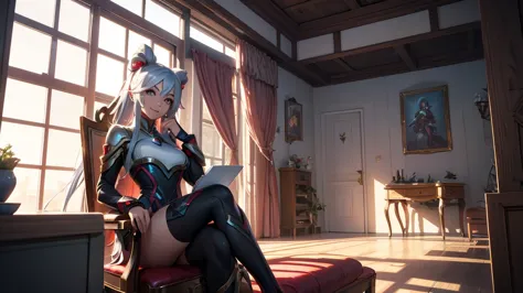 make a girl in a futuristic setting in a house in the countryside. she must look like the character irelia from league of legend...