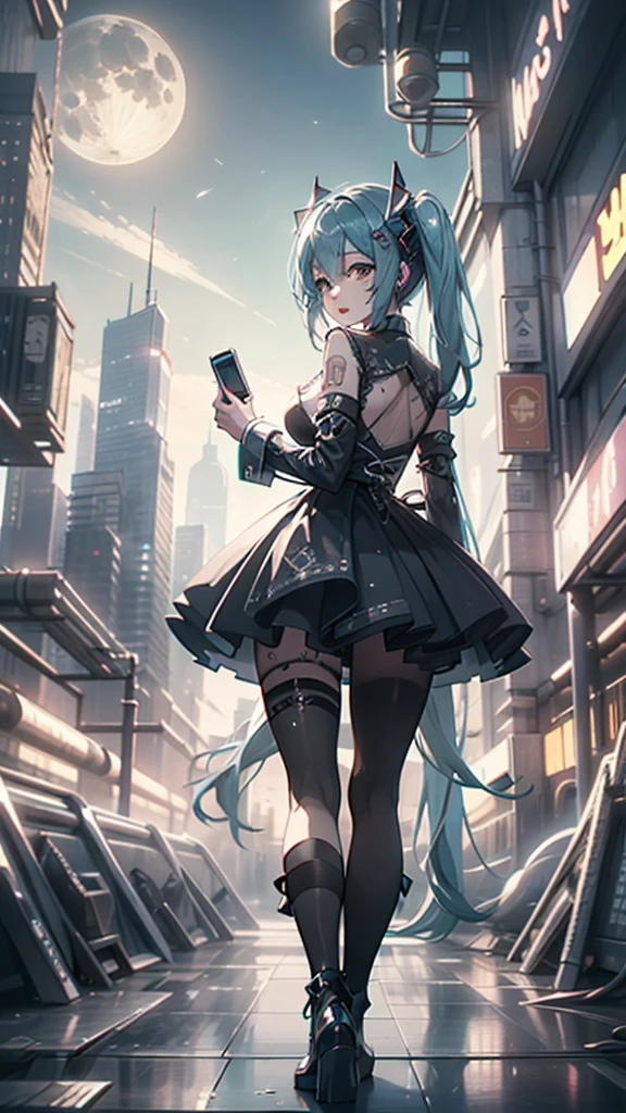 top-quality,in 8K,masterpiece,highly detailed,Impressionism,Photorealsitic,deep-shadows,blurry backround,Official art,ultra-detailliert,realisitic,Cinematic lighting, film grains,perfect anatomy,anatomically correct,depth of fields,elaborate design,face is close,solo,very sexy girl,Hatsune Miku,beautiful detailed droopy eyes,shy,slender body,tits,super detailed Raw white skin,super detailed dark gothic dress,Half-naked,detailed gothic skirt,Black platform boots,in futuristic city,high buildings,((Skyscraper)),midnight city,moon light