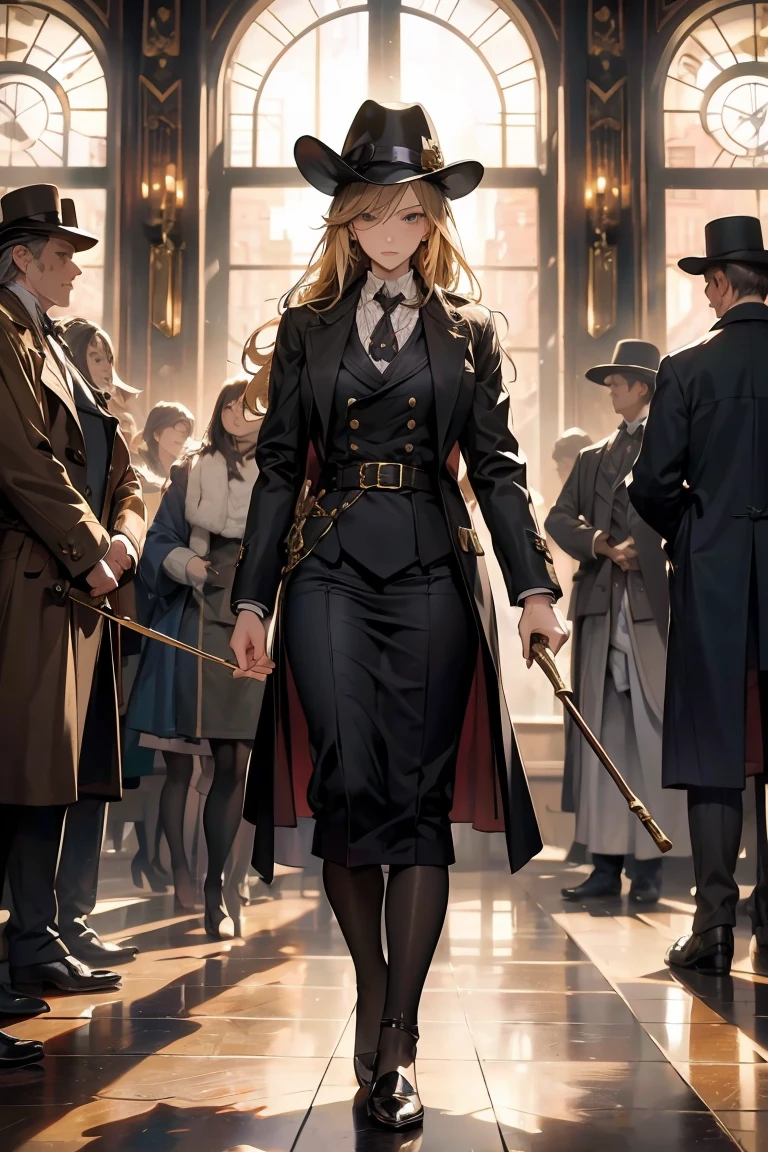 dark blonde hair, long hair, backlighting, masterpiece, accurate, anatomically correct, super detail, award winning, 16k, best quality, high details, high quality, Sherlock Holmes, deerskin hat, Inverness coat, Detective, A beautiful woman dressed in British gentleman style, Britain in the late 19th century, Holding a walking stick in her right hand