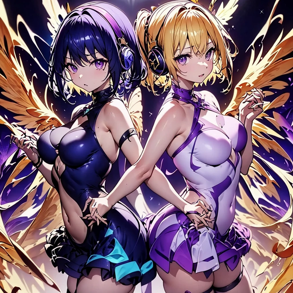 ((Highest quality)), (detailed), Holding hands and standing back to back, dark blue hair, short hair, long bangs, large chest, purple eyes, white headphones, large wings, long side ponytail, flames, average size, small chest, long blonde hair, purple eyes、Idol、Holding hands and standing back to back.0、Yellow and purple light cube background 1.7、Idol衣装1.6、Anatomically correct 2.0、Two people 2.0、Pastel 0.6