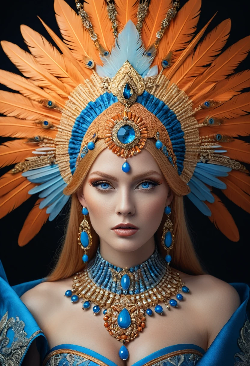 Beautiful Empress Portrait, Orange Blonde Hair, Perfect blue eyes, good, Eye-catching, massive headdress with delicate details, dramatic studio lighting, surrealism, enlargement, elegant, very detailed, 8k, concept art, matte, sharp focus