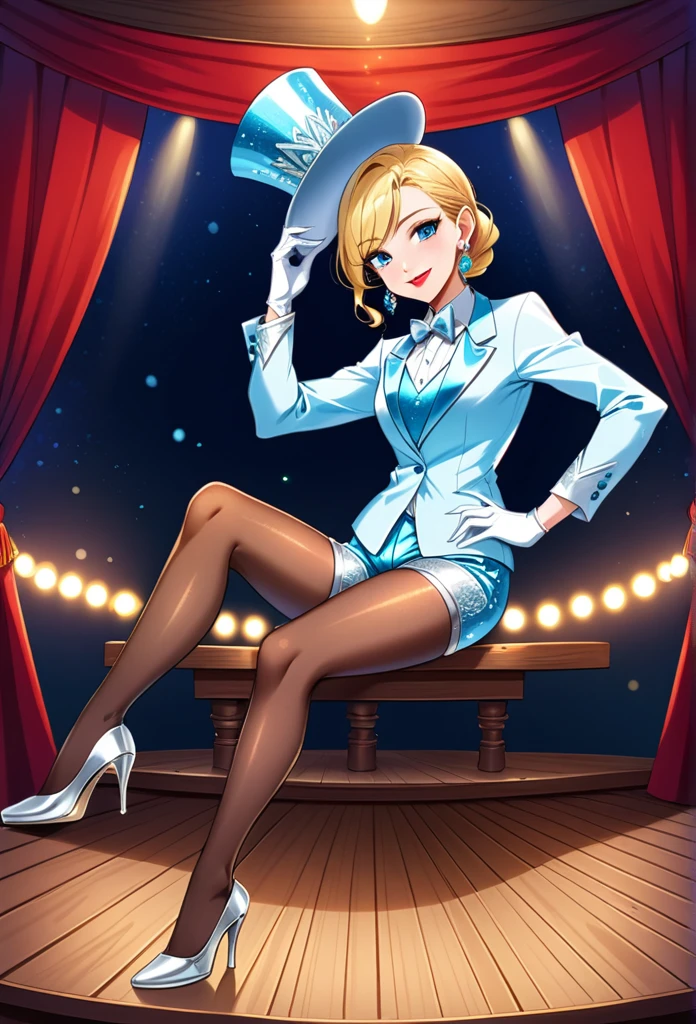 (best quality, hdr, high resolution, colorful). Disney, Solo, elsa from frozen, long blonde hair, braided , blue eyes, sleek legs, (((very large light blue silk top hat with silver trim, jazz dancer's hat))), (((a light blue velvet blazer jacket, long sleeved))) (white dress shirt), ((large silver bowtie)), (((silver velvet dancer shorts))), white gloves, sliver high heels, earrings, red lipstick, lovely, flirty, smiling, ((dapper, jazzy)), (posing on a wooden stage, red curtains), (glamorous pose), (brown RealPantyhose)