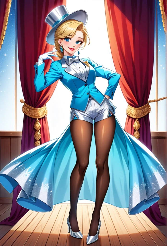 (best quality, hdr, high resolution, colorful). Disney, Solo, elsa from frozen, long blonde hair, braided , blue eyes, sleek legs, (((very large light blue silk top hat with silver trim, jazz dancer's hat))), (((a light blue velvet blazer jacket, long sleeved))) (white dress shirt), ((large silver bowtie)), (((silver velvet dancer shorts))), white gloves, sliver high heels, earrings, red lipstick, lovely, flirty, smiling, ((dapper, jazzy)), (posing on a wooden stage, red curtains), (glamorous pose), (brown RealPantyhose)