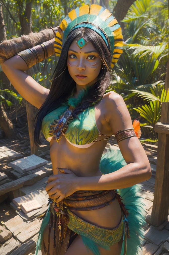 A young woman of radiant beauty, the most beautiful cabocla jurema She holds an arrow and she wears a dress in the world, cores predominantes azul verde amarelo, indigenous, with feathers on her head, long straight hair falling over her shoulders, ((magnetic green eyes)), ((square face and hollow chin)) , ((strong expression of a warrior woman)), indigenous body paintings, body and beauty of a Goddess, half naked ((wearing wild animal skin)), ((with bow and arrows on her back)),( (in the background a sacred temple in the middle of a forest on a full moon night))Cabelo comprido, Determinado, Desdém, 