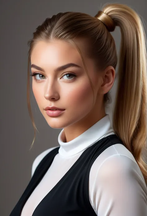 sexy hailey grice portrait of her facing the camera with soft even lighting and her hair pulled back in a ponytail, , looking ri...