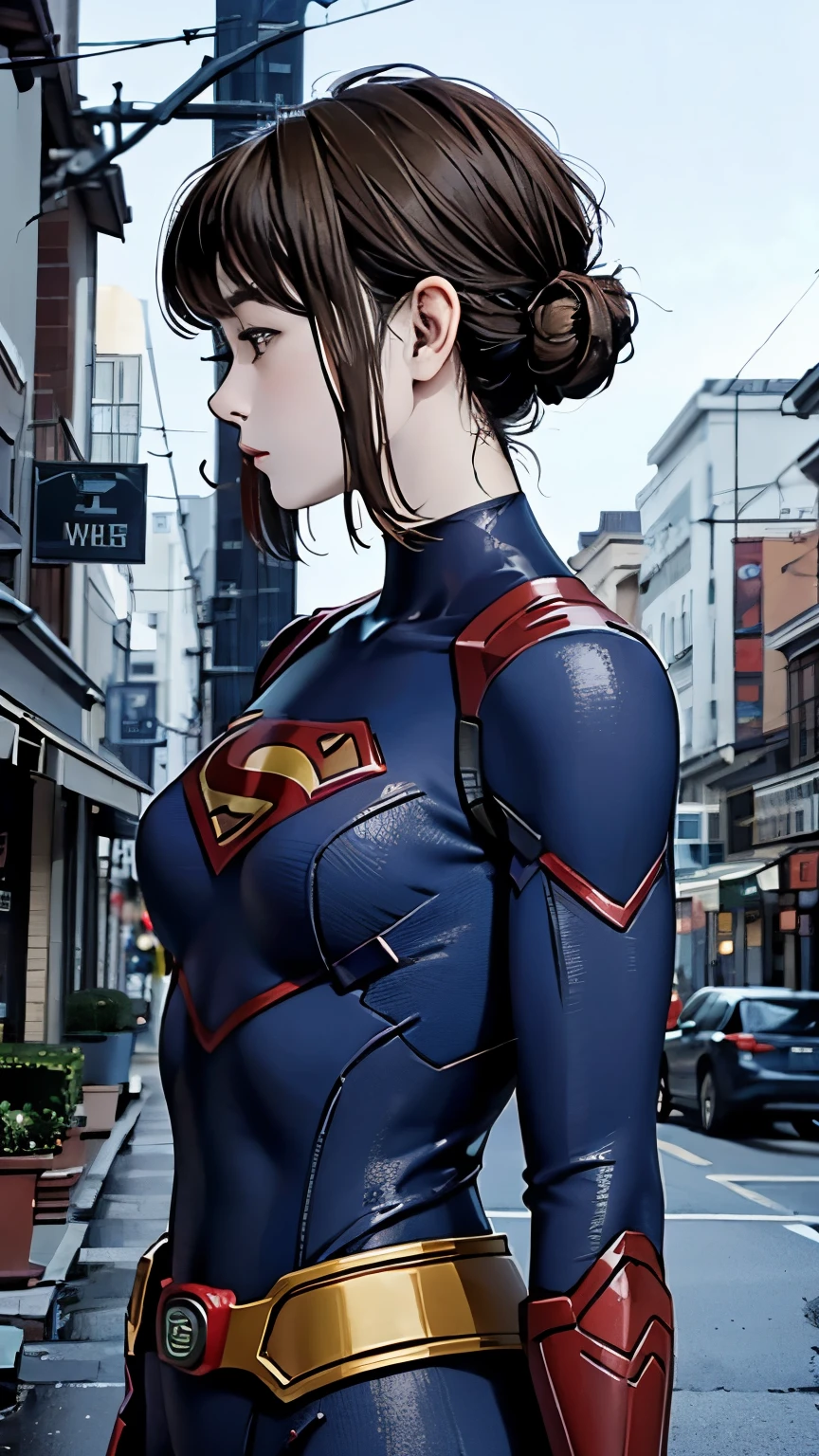 Supergirl、woman、22 years old、woman体型、profile、Moderate bust、Upper Body、Blonde、Mechanical Suit、Highest quality、Masterpiece、scenery、City、rain。