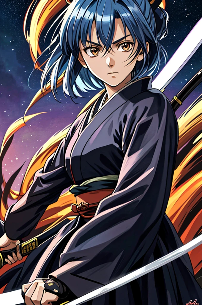 Highest quality, masterpiece, High resolution,，（Rurouni Kenshin），Shinsengumi，（smug face），Holding a Japanese sword in his right hand，Ninja，（Starry Sky_background），Young Girl，Anime Style, 4K, alone, looking at the camera, （car key_coat）Dark Eyes，Blue Hair，（Full Finger）, Hyper Detail, (Intricate details),