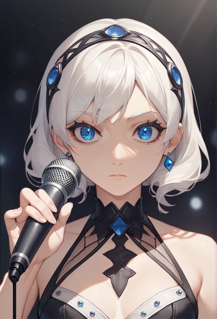 Top quality, masterpiece, high resolution, girl, white hair, blue eyes, dark circles under the eyes, idol costume, underground idol, dimly lit concert venue, holding microphone, staring