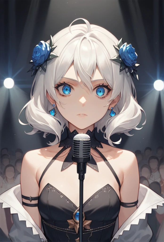 Top quality, masterpiece, high resolution, girl, white hair, blue eyes, dark circles under the eyes, idol costume, underground idol, dimly lit concert venue, holding microphone, staring