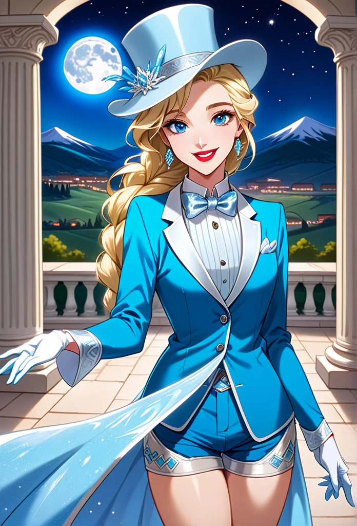 (best quality, hdr, high resolution) Solo, elsa, (frozen), long blonde hair, braided , blue eyes, sleek legs, ((((oversized light blue silk top hat with silver trim, magician's hat)))), (((((a light blue velvet blazer jacket long sleeved))))) , ((large silver bowtie)), ((((light blue velvet dancer shorts)))), white gloves, sliver high heels, earrings, red lipstick, (lovely, flirty, smiling), ((dapper, jazzy)), posing within a marble courtyard with greco-style columns, pastoral hills in background, starry background, full moon in sky.