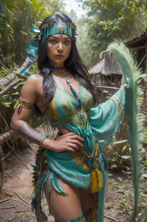 a young woman of radiant beauty, the most beautiful cabocla jurema she holds an arrow and she wears a dress in the world, cores ...