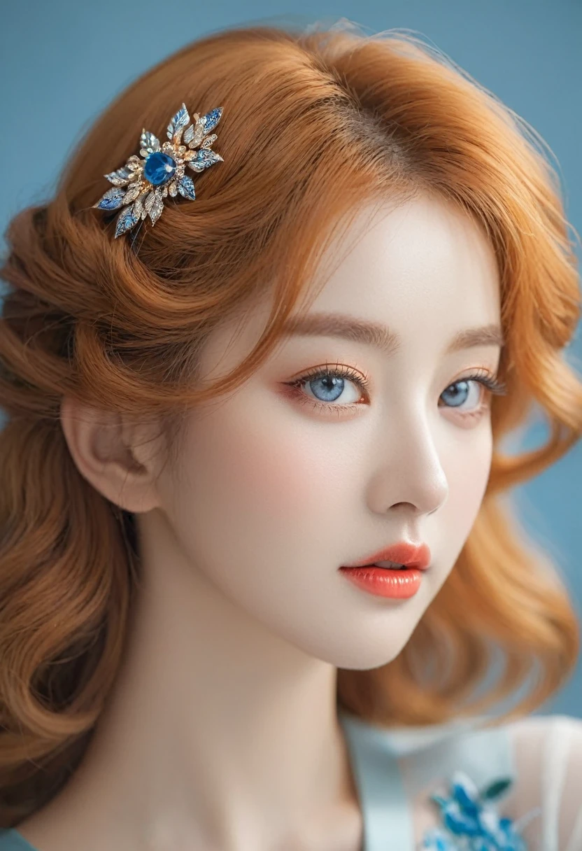 Beautiful Empress Portrait, Orange Blonde Perm Hair, Perfect blue eyes, good, 눈길을 끄는 엄청난 크기의 황금빛의 Polish있는 머리 장식 섬세하고 세부적인, dramatic studio lighting, surrealism, elegant, very detailed, 8k, concept art, Polish, sharp focus