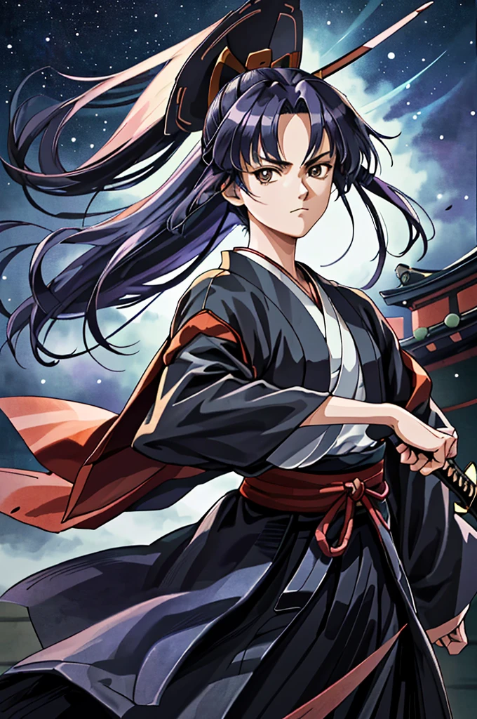 Highest quality, masterpiece, High resolution,，（Rurouni Kenshin），Shinsengumi，（smug face），Holding a Japanese sword in his right hand，Ninja，（Starry Sky_background），Young Girl，Anime Style, 4K, alone，whole body， looking at the camera, （car key_coat）Dark Eyes，dark blue_hair，（Full Finger）, Hyper Detail, (Intricate details),