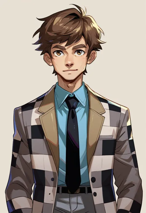 score_9, score_8_up, score_7_up, break shadow, portrait, 1boy, solo,  benny, brown hair, short hair, checkered suit, black neckt...