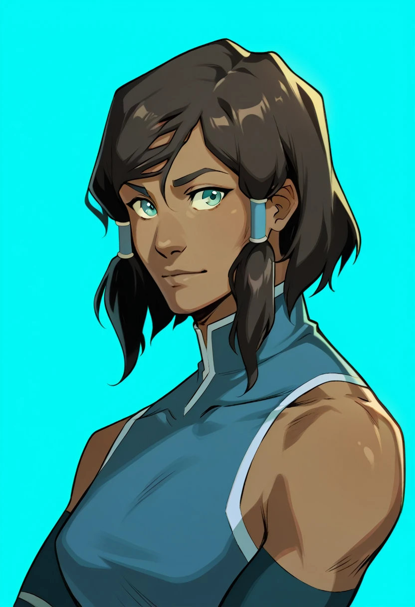 score_9, score_8_up, score_7_up, BREAK shadow, portrait, 1girl, solo, korra, medium hair, dark skin, blue background, turtleneck,