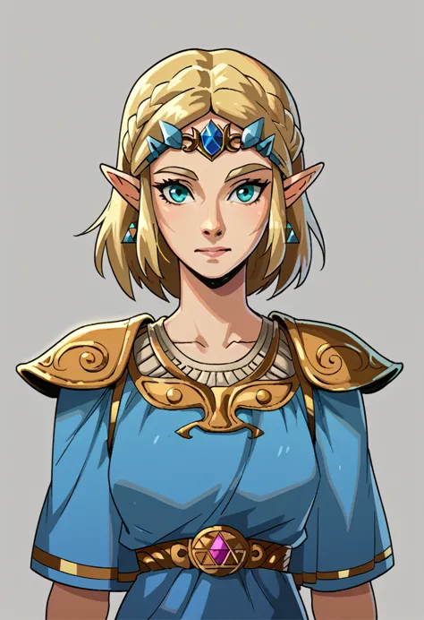 score_9, score_8_up, score_7_up, break 1girl, solo, princess zelda, portrait, grey background, glowing, blonde hair, blue shirt,...