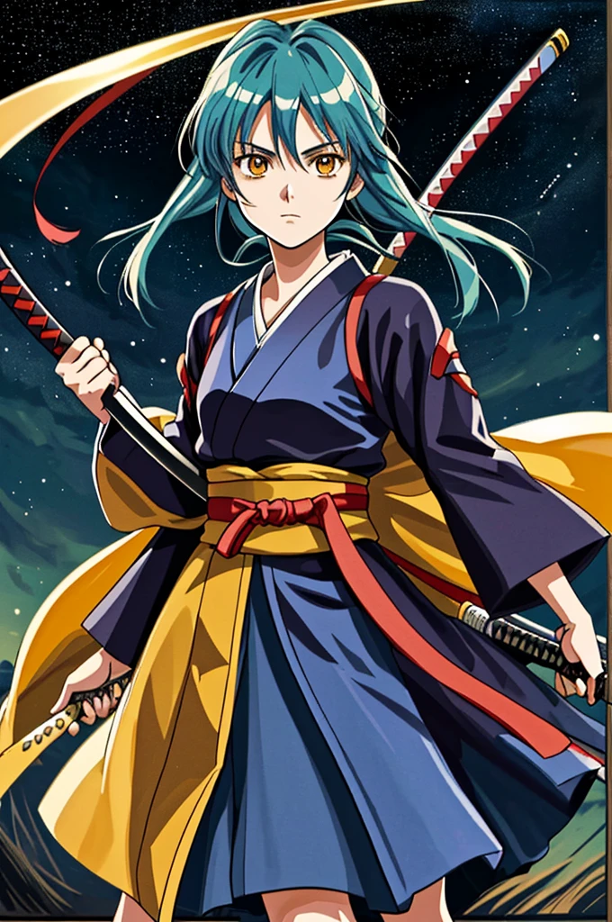 Highest quality, masterpiece, High resolution,，（Rurouni Kenshin），Shinsengumi，（smug face），Holding a Japanese sword in his right hand，Ninja，（Starry Sky_background），Young Girl，Anime Style, 4K, alone，whole body， looking at the camera, （yellow_coat）Dark Eyes，Aqua blue_hair，Shortcuts，（Full Finger）, Hyper Detail, (Intricate details),