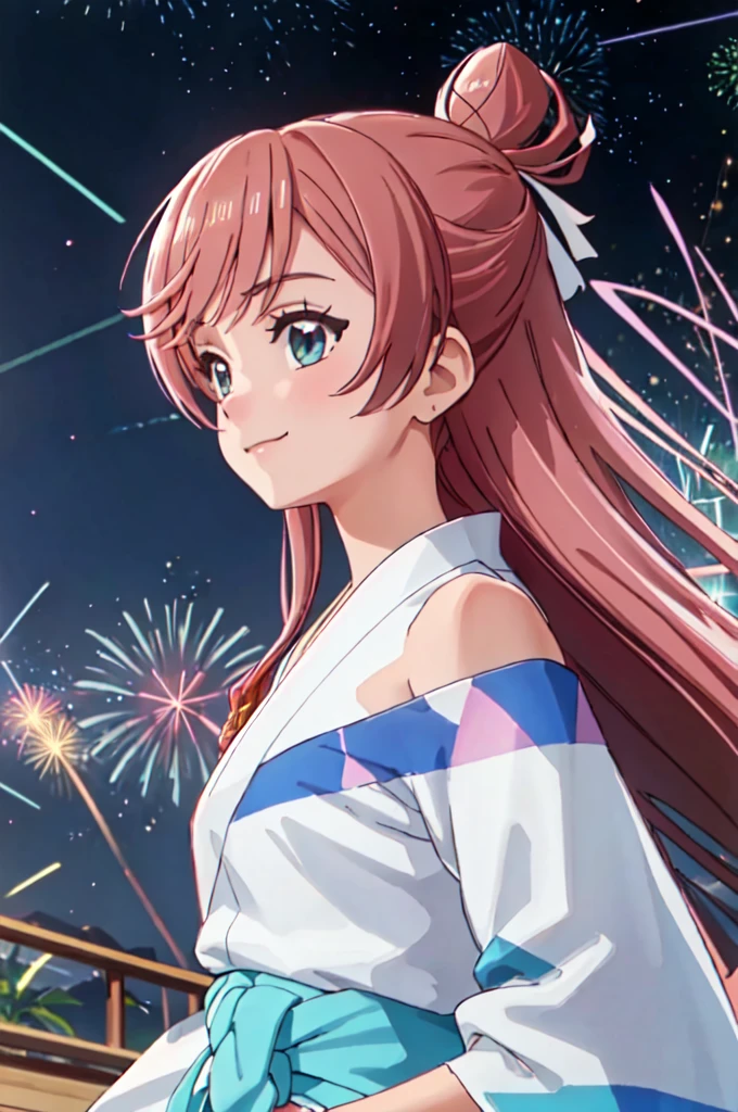 masterpiece, best quality, ultra detailed, highres, extremely detailed CG unity 8k wallpaper, perfect lighting,  very detailed background, beautiful and aesthetic,sharp focus, perfect face, dynamic pose, dynamic angle,
1girl, upper body, (portrait:1.1), multicolored yukata, kanzashi, looking at viewer,  full-face blush, from side, from below, smile,
night, dark sky, misty lake, mountainous horizon, break,aerial fireworks,  (Full of sky fireworks:1.2),
Shoulder Bare、Off the shoulder,紫の髪