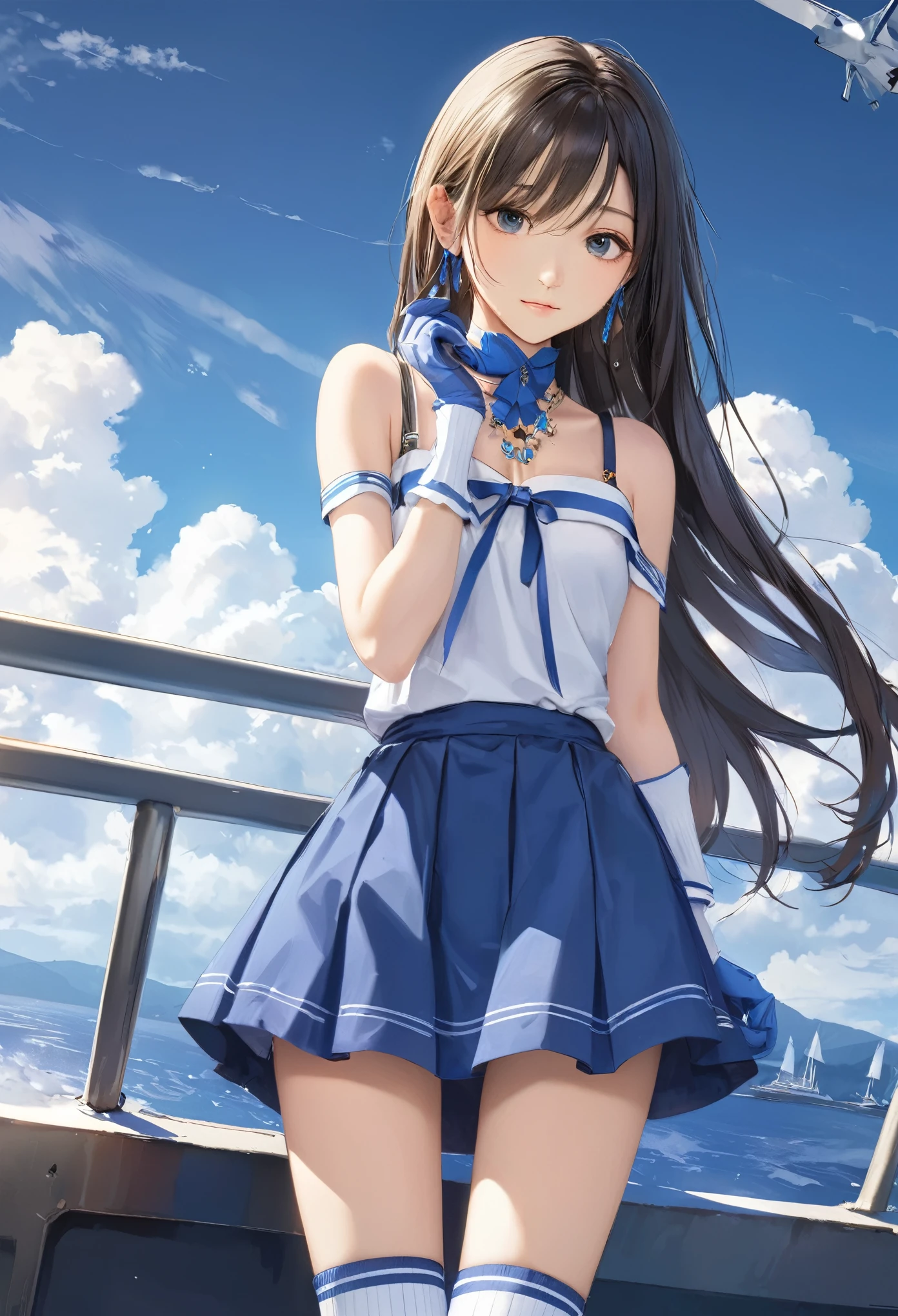 (masterpiece, Highest quality:1.2), one person&#39;s, alone,Bony body、15 years old、ferry, ((Long Hair)), ferryBase, ((Knee socks)), Exposing shoulders, ((jewelry)), ((No sleeve)), White Dress, Blue Skirt, ((gloves)), Up to the thighs, 