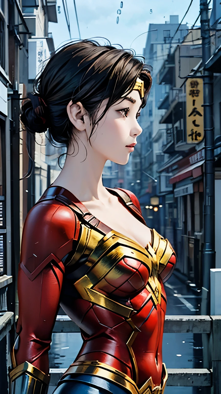 Wonder Woman、woman、22 years old、woman体型、profile、Moderate bust、Upper Body、blonde、Mechanical Suit、Highest quality、Masterpiece、scenery、City、rain。