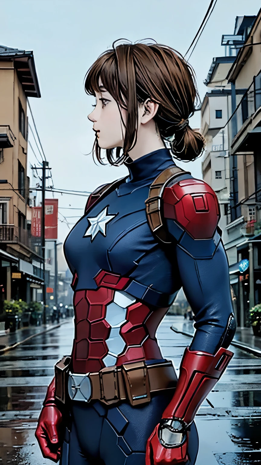 captain America、woman、22 years old、woman体型、profile、Moderate bust、Upper Body、blonde、Mechanical Suit、Highest quality、Masterpiece、scenery、City、rain。