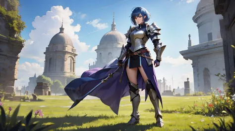 design, knight, armor, sexypost, holdsword, cute, tomboy leftarm not use armor, mediummuscle, medium sixpack, bluehair, purpleey...