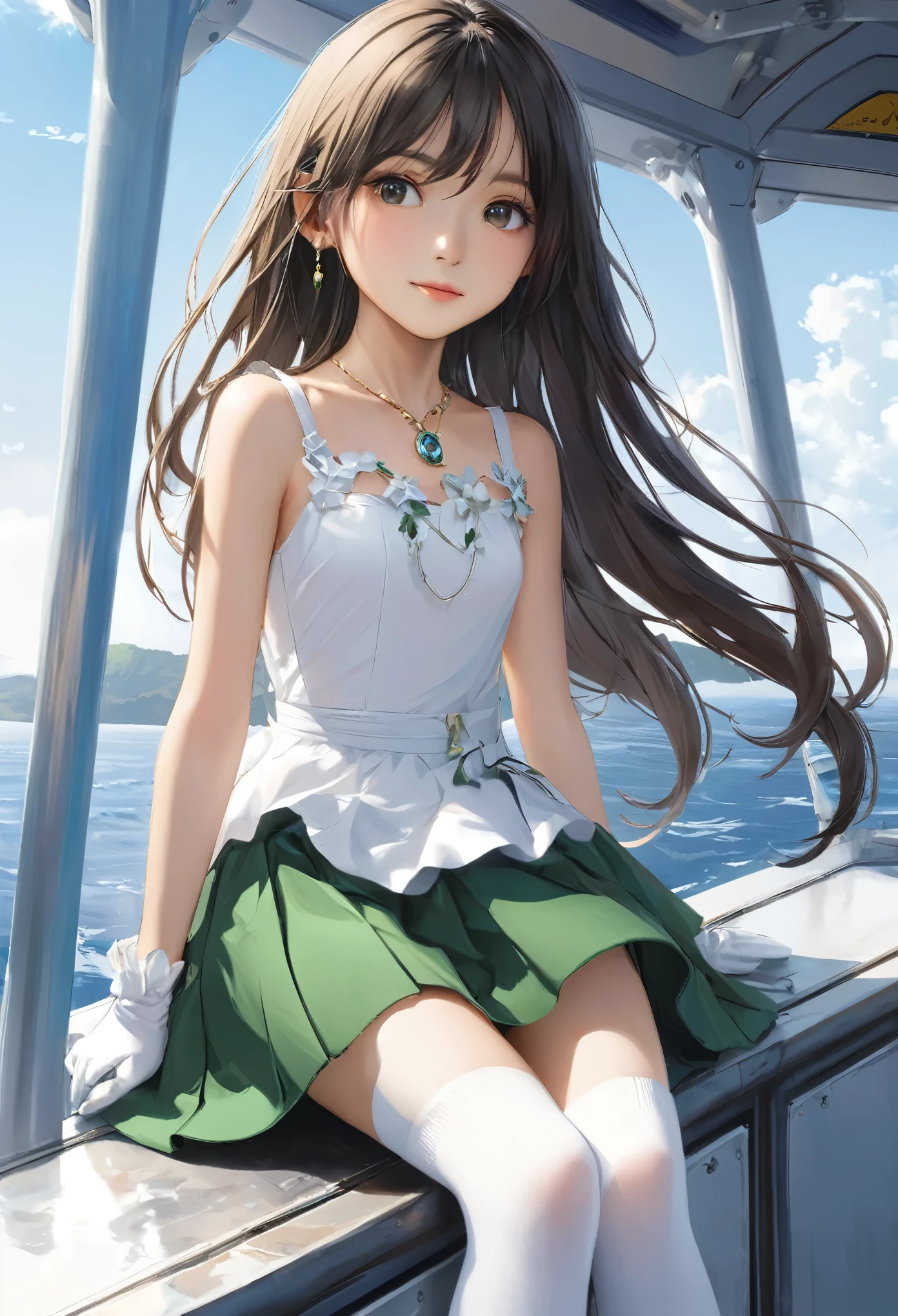 (masterpiece, Highest quality:1.2), one person&#39;s, alone,Bony body、5 years old、ferry, ((Long Hair)), ferryBase, ((Knee socks)), Exposing shoulders, ((jewelry)), ((No sleeve)), White Dress, Green Skirt, ((gloves)), Up to the thighs, 