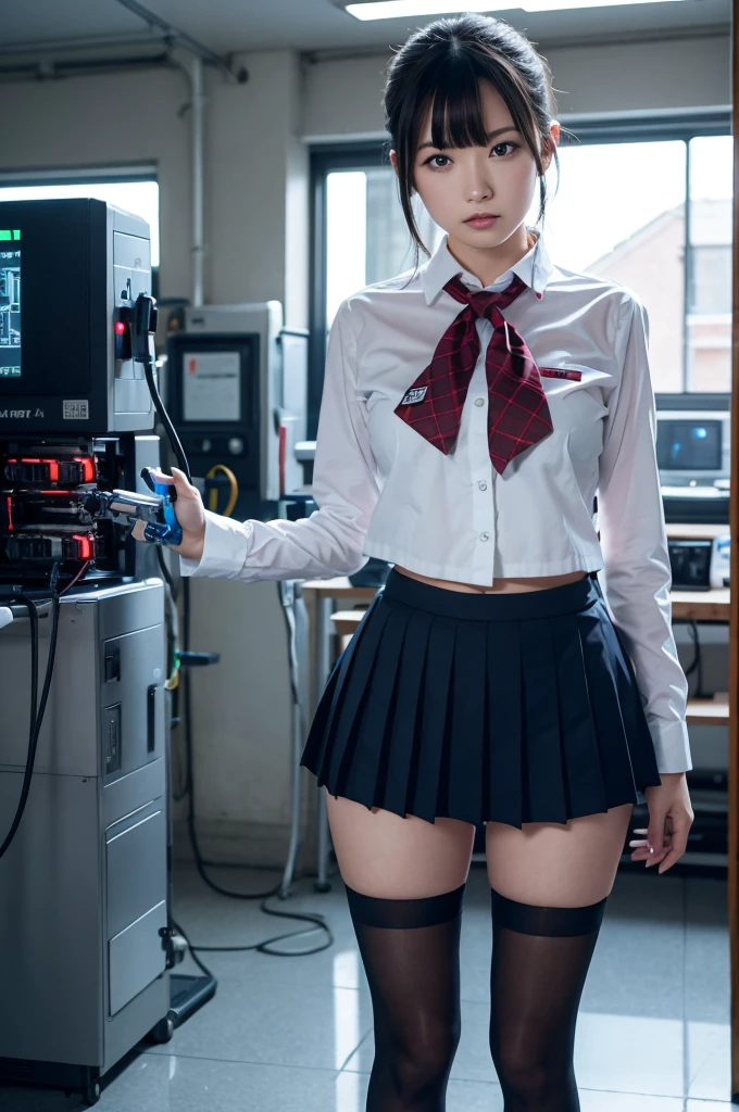 masterpiece, Best Quality, Extremely detailed, Japaese android highschool Girl,Plump ,Navy Pleated Mini Skirt,Black tights,control panels,android,Droid,Mechanical Hand, Robot arms and legs, Black Robot Parts,Black hair,Mechanical body,Blunt bangs,White abdomen,White Robotics Parts,perfect robot woman,The laboratory of the future,cyberpunked,Charging spot,android factory,Robot Factory,cyborg factory,Long Tube,A thick cable connects her neck,ceramic body,blue eyes,Mechanical body,android,robot humanoid,japanese highschool girl uniform,perfect robot girl