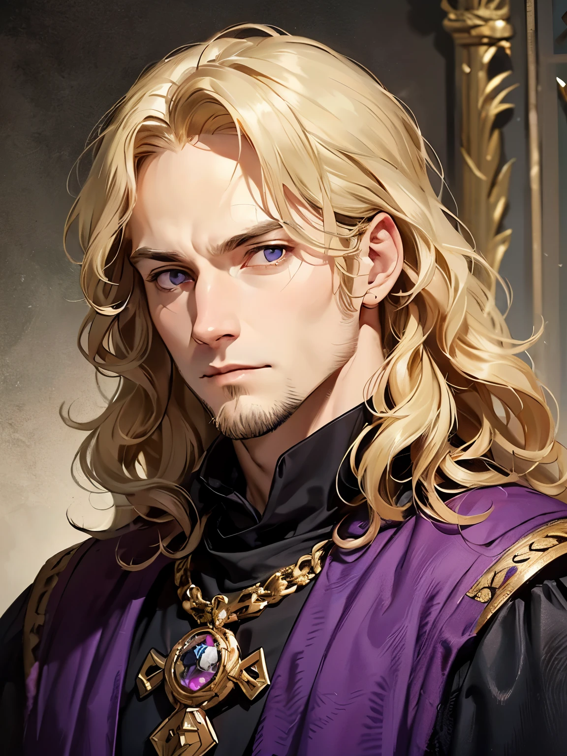 male, late 30s, ((blond, shoulder-length, middle-part wavy hair)), light-purple, deep-set, Sanpaku eyes, slightly thick blond beard, aquiline and hooked nose, slightly underbite, chiseled, slightly long face, fearless expression, strong and dependable body, medieval European royal attire, portrait