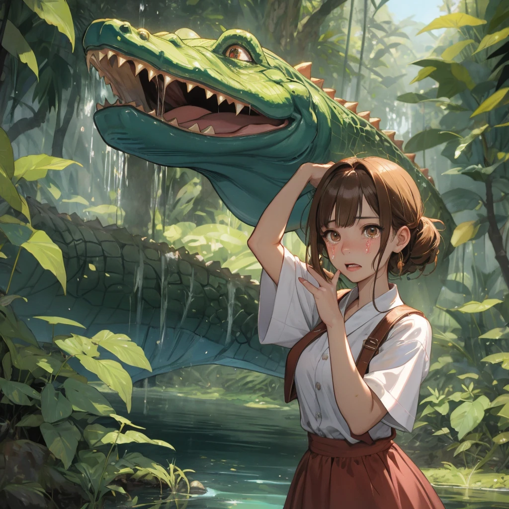 In the Jungle。A charming brown-haired girl sticking her head out of the gaping mouth of a giant crocodile。She cried and cried, stretching out one hand。Detailed manga-style nerdy anime art。