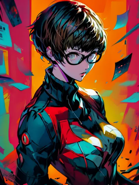 in the art style of persona5, (((satonaka chie))), (masterpiece:1.2, highest quality), (realistic, photorealistic:1.4), beautifu...