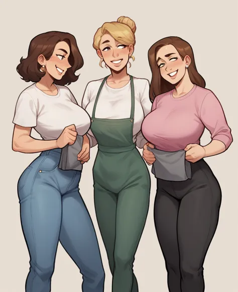 task: generate an image of aunt cass and four women in a bakery, with a side shot capturing all the people in the scene.context:...